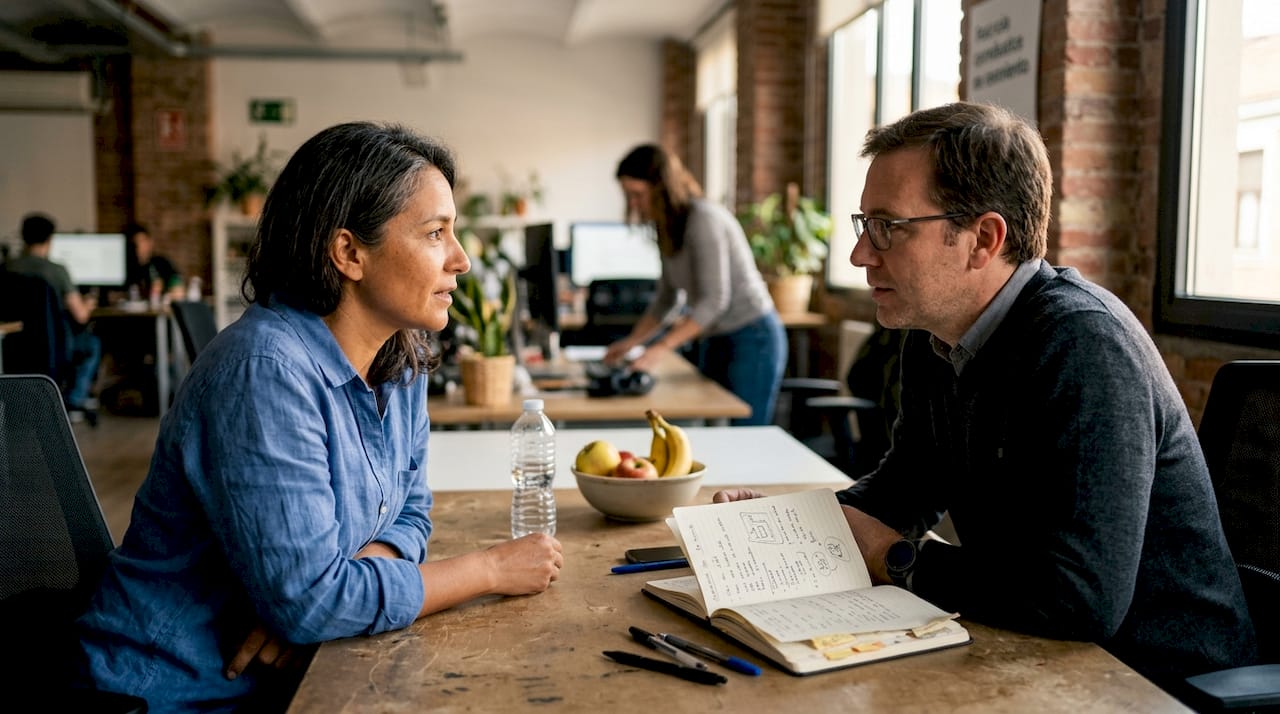 Compañeros de trabajo conversando en un espacio de oficina abierto