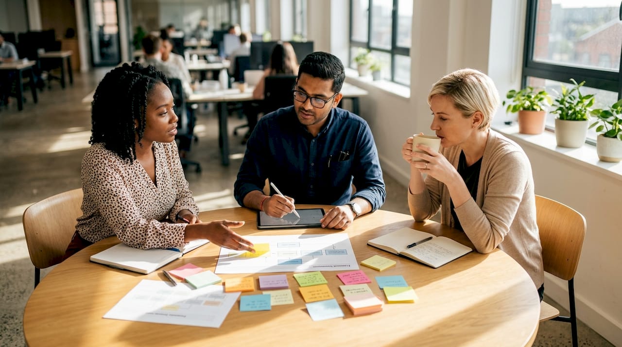 Un grupo de compañeros de trabajo intercambia ideas y colabora alrededor de la mesa de reuniones.