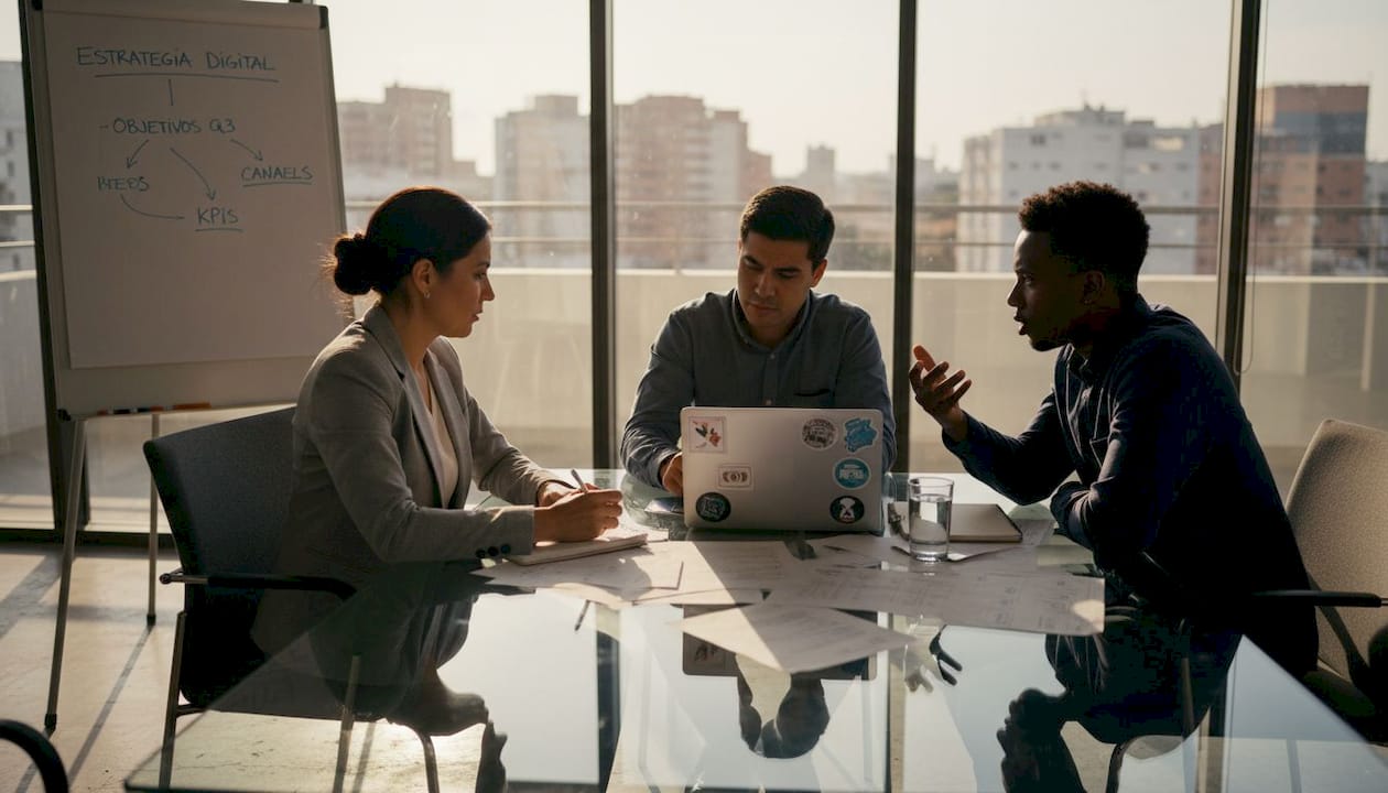 Ejecutivos conversando sobre temas estratégicos en una sala de juntas.