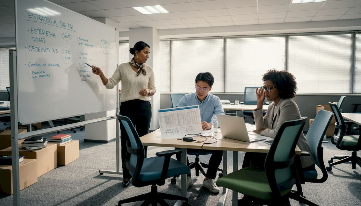Un grupo de compañeros conversa sobre las fases del proyecto en la oficina.