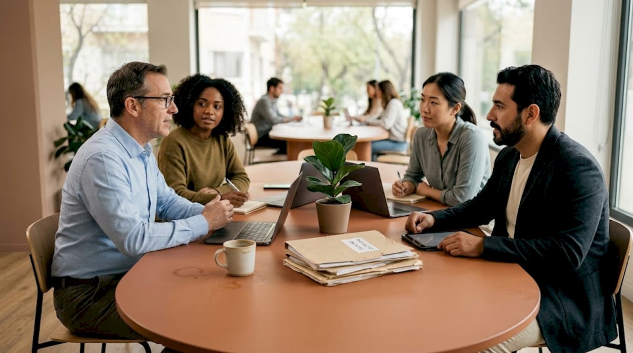 El líder convoca a su equipo para una reunión distendida en un espacio de coworking.