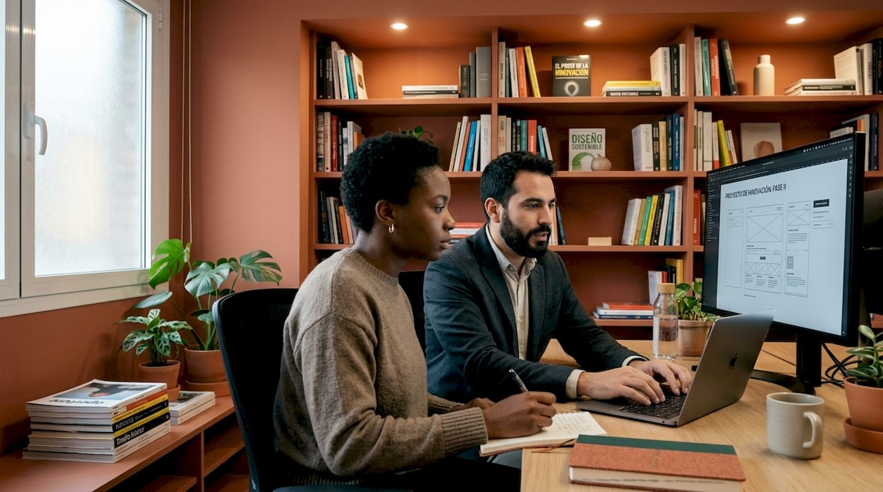 Un grupo de empleados trabaja en equipo frente a un monitor y una pizarra, compartiendo ideas y soluciones.