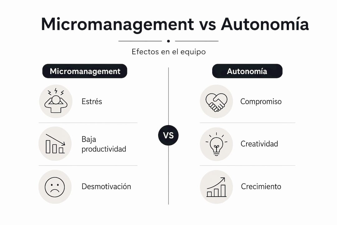 Infografía que muestra las diferencias entre el micromanagement y la autonomía en los equipos, y cómo cada enfoque impacta en los resultados y el ambiente laboral.