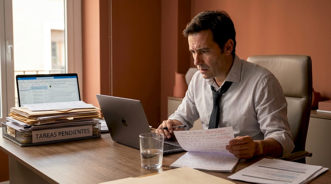 Empleado agobiado mirando su lista de tareas, que no deja de crecer