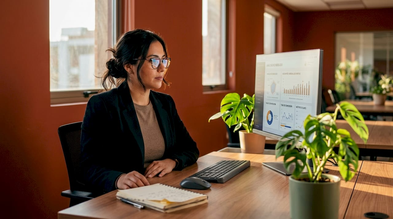 Profesional analizando el panel de indicadores en su lugar de trabajo