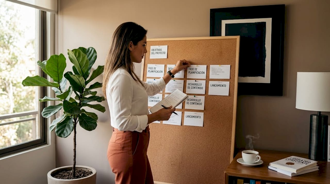 Directivo organizando los objetivos del equipo en un panel de corcho en la oficina