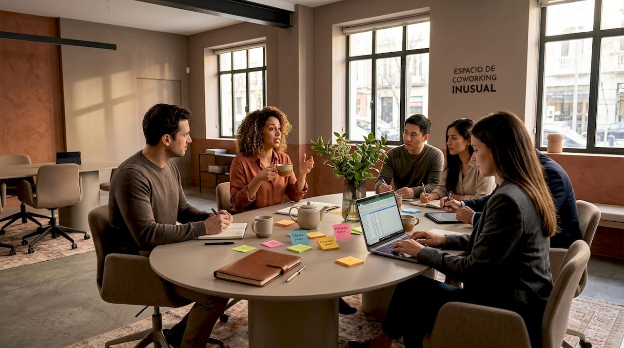 Un grupo de compañeros de trabajo compartiendo ideas y trabajando juntos alrededor de una mesa de reuniones.