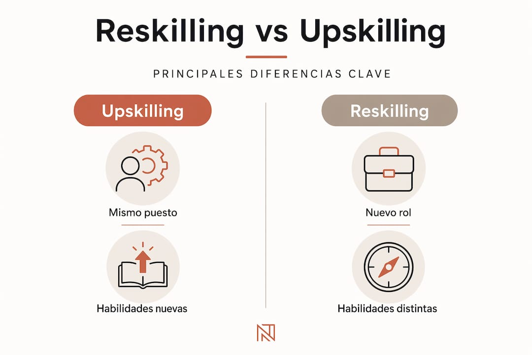 Infografía que muestra las diferencias entre reskilling y upskilling