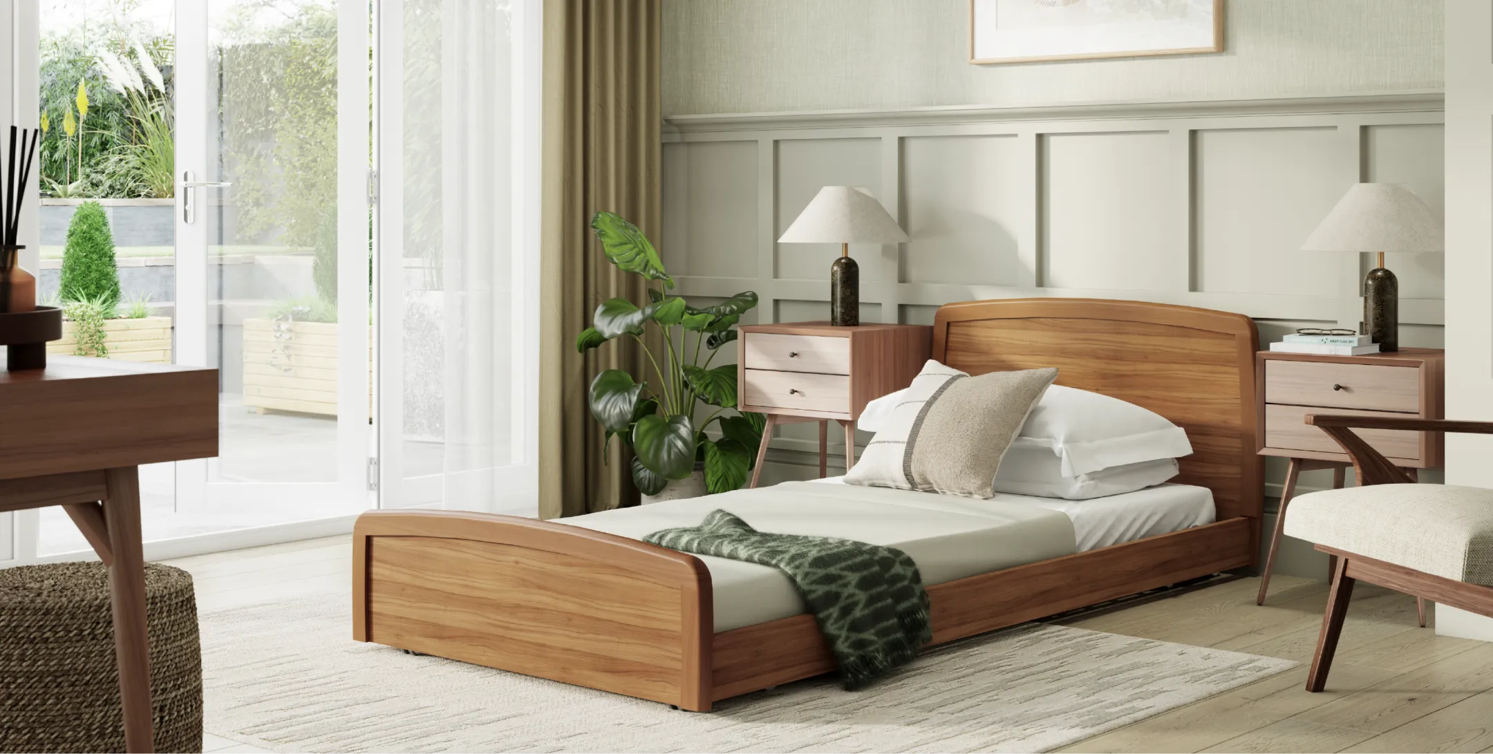 A bed sitting in a bedroom next to a window.