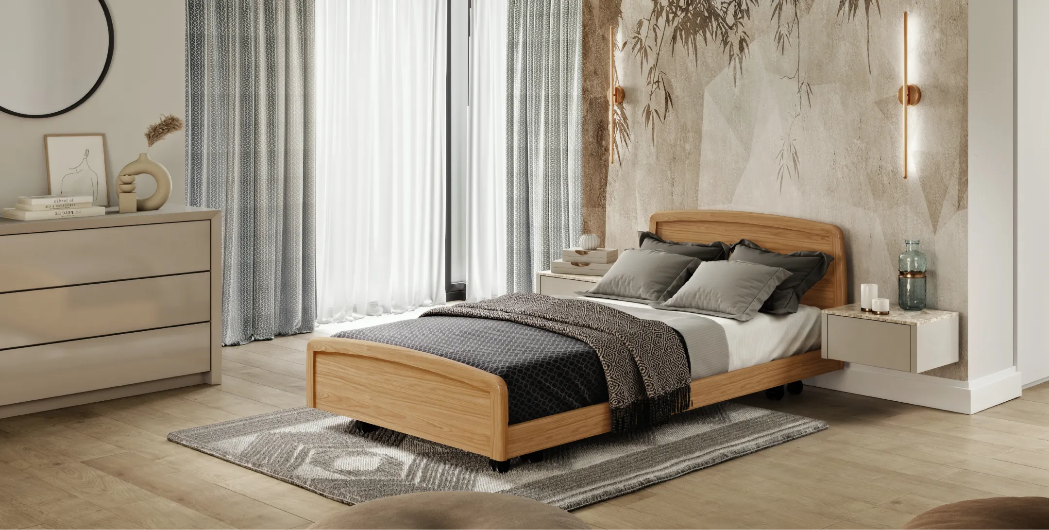 A bedroom with a bed, dresser, and a mirror.