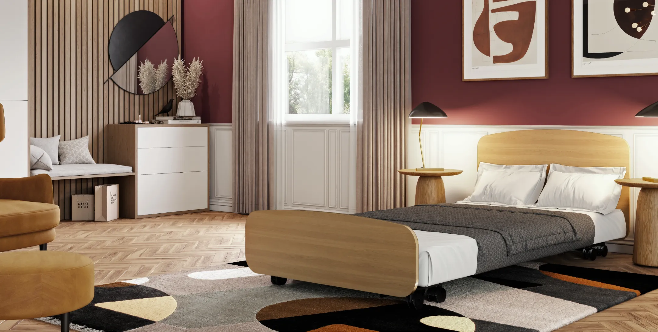 A bedroom with a bed, chair, table and pictures on the wall.