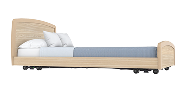 A bed with a wooden frame and white pillows.