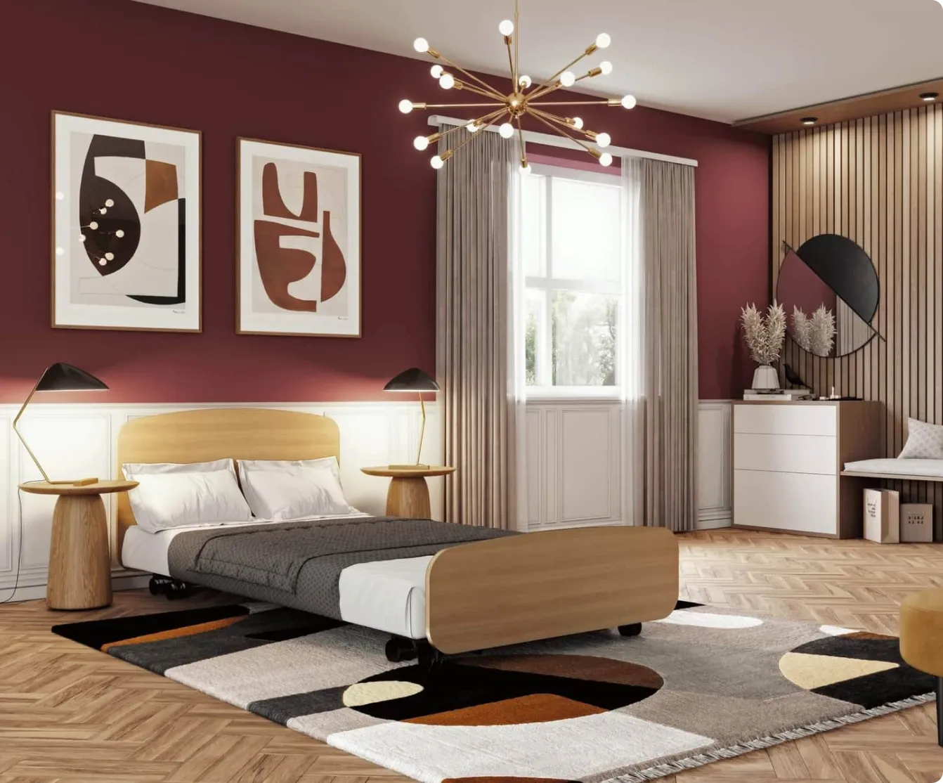A bedroom with a bed, a chair, and a chandelier.
