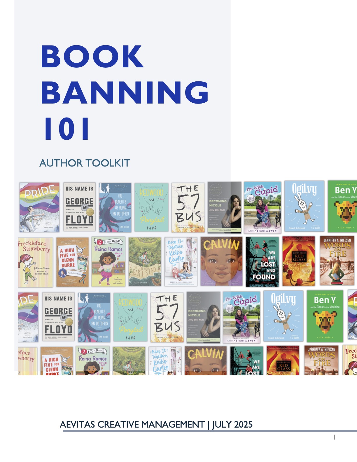 Coverpage for PDF - Book Banning Author Toolkit, in large letters over an array of book covers