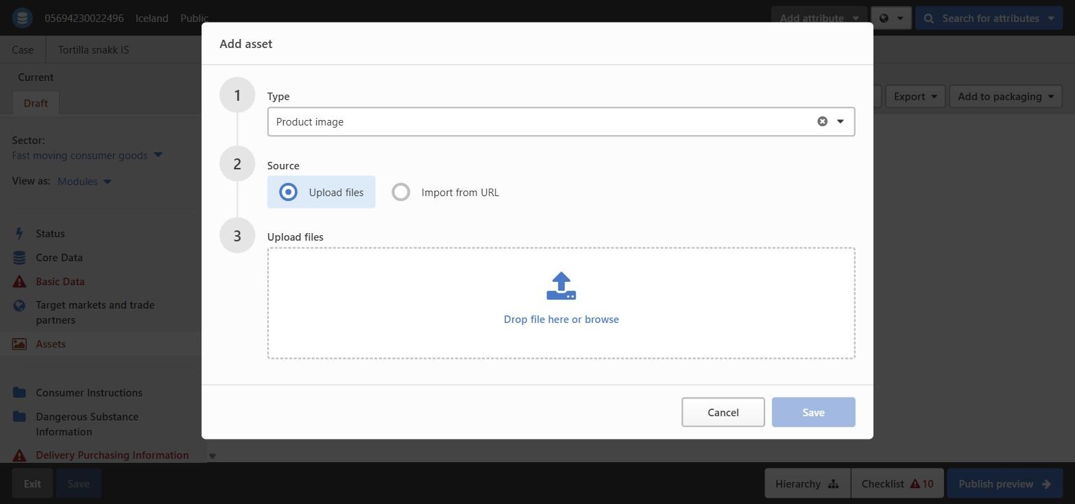 Add asset glugginn með Product image og Upload files