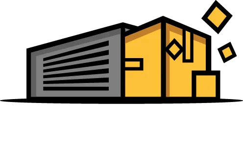 Illustration of a yellow warehouse building with a large gray garage door and diamond-shaped decorative elements.
