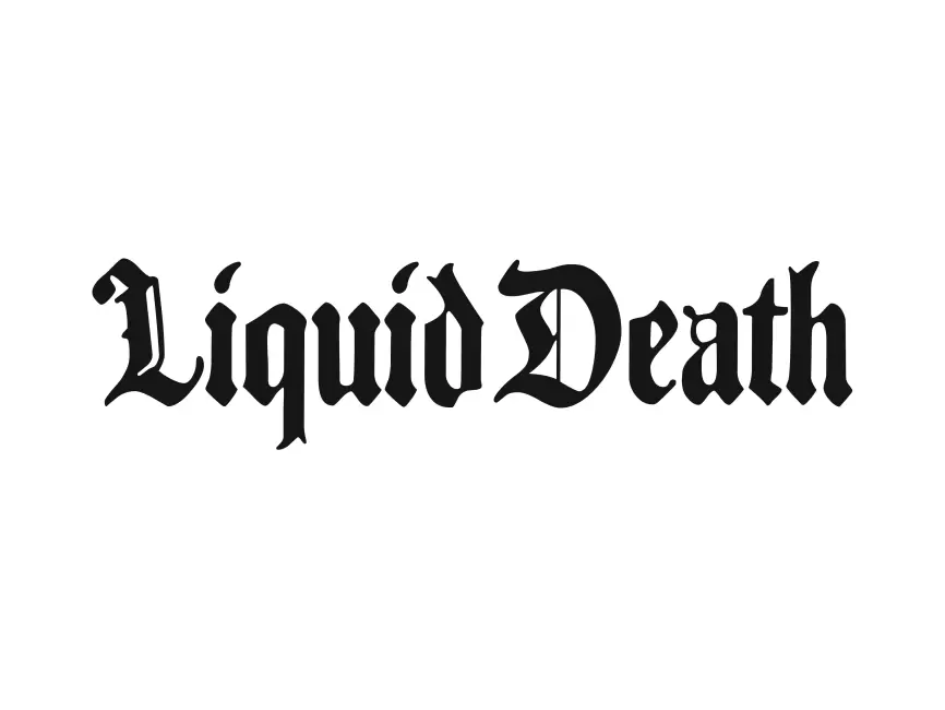 Black text saying 'Liquid Death' in a gothic-style font on a white background.