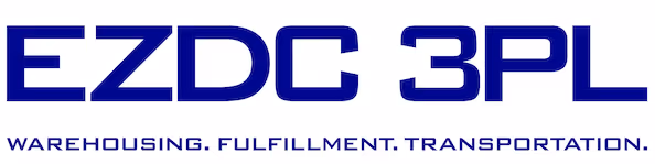 EZDC 3PL logo – A bold blue uppercase wordmark with the tagline "Warehousing. Fulfillment. Transportation." underneath, representing streamlined logistics and supply chain optimization services.