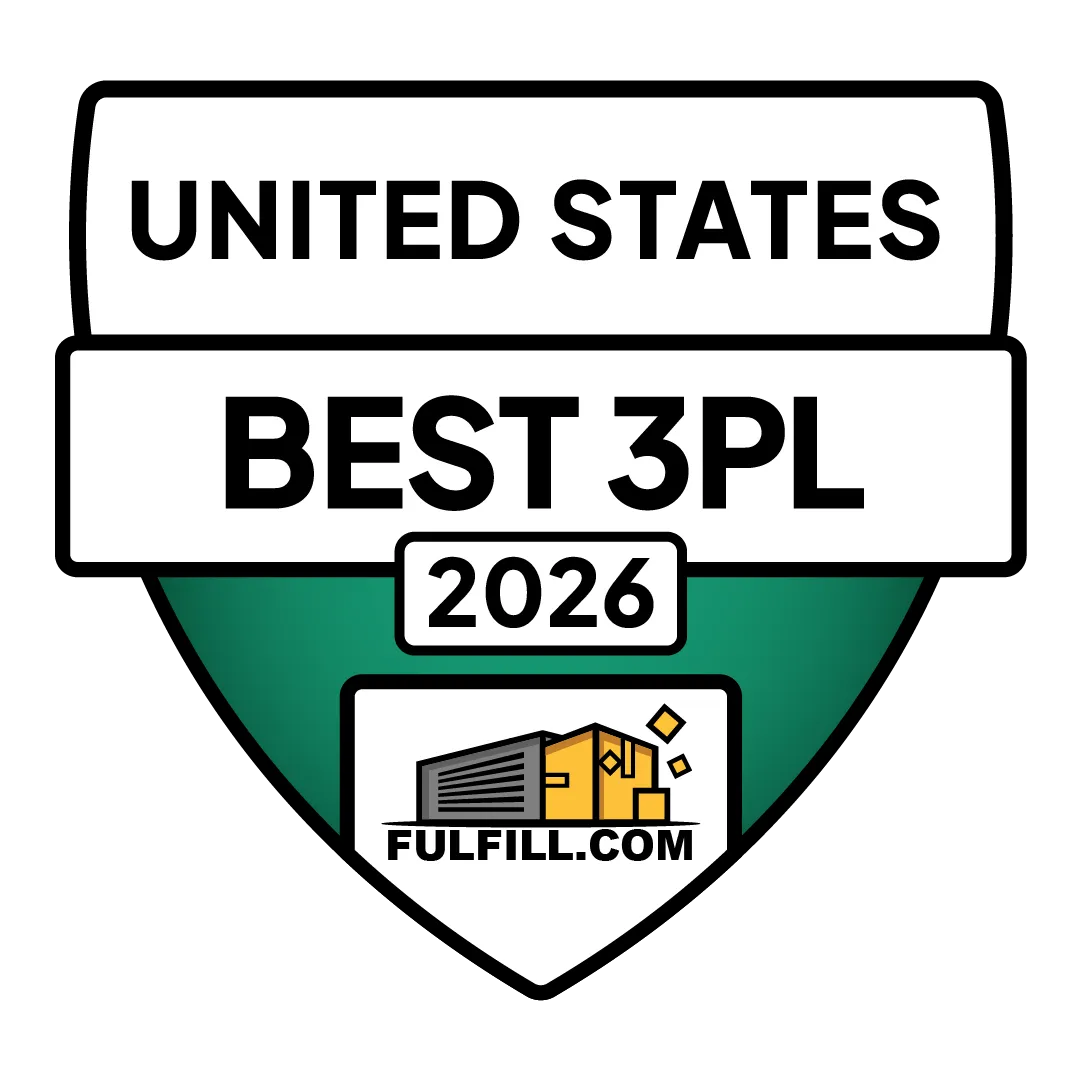Badge with text 'United States Best 3PL 2026' and a warehouse graphic with packages labeled 'Fulfill.com'.