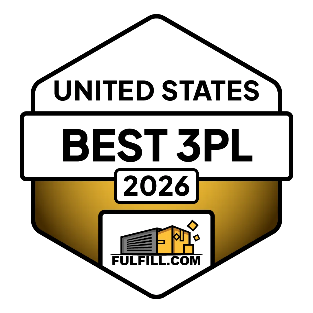 Gold and white badge reading United States Best 3PL 2026 with Fulfill.com logo featuring a warehouse and boxes.