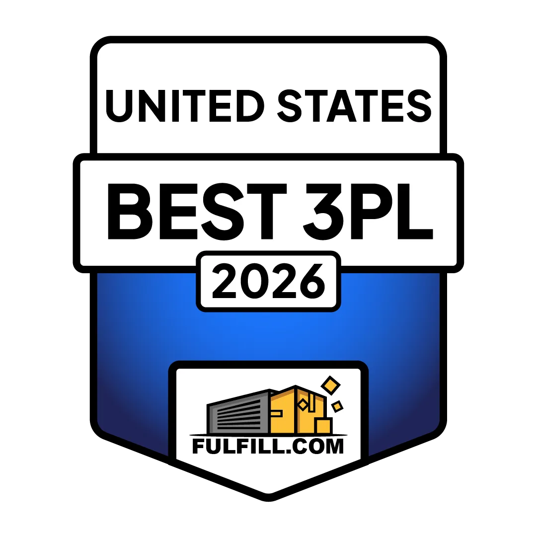 Badge stating United States Best 3PL 2026 by Fulfill.com with warehouse and boxes illustration.