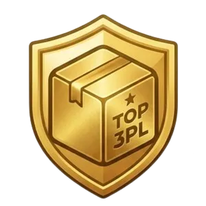 Gold shield emblem with a box icon and text 'TOP 3PL' representing top third-party logistics.
