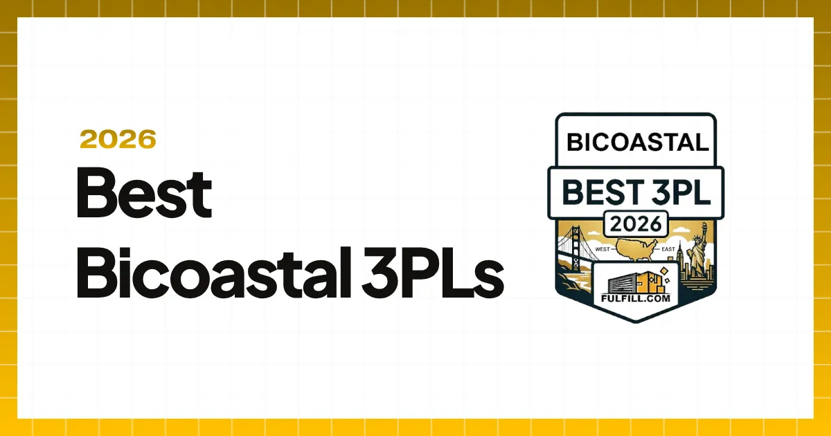 Badge reading 'Bicoastal Best 3PL 2026' with icons of the Golden Gate Bridge, Statue of Liberty, and a warehouse representing fulfillment services.