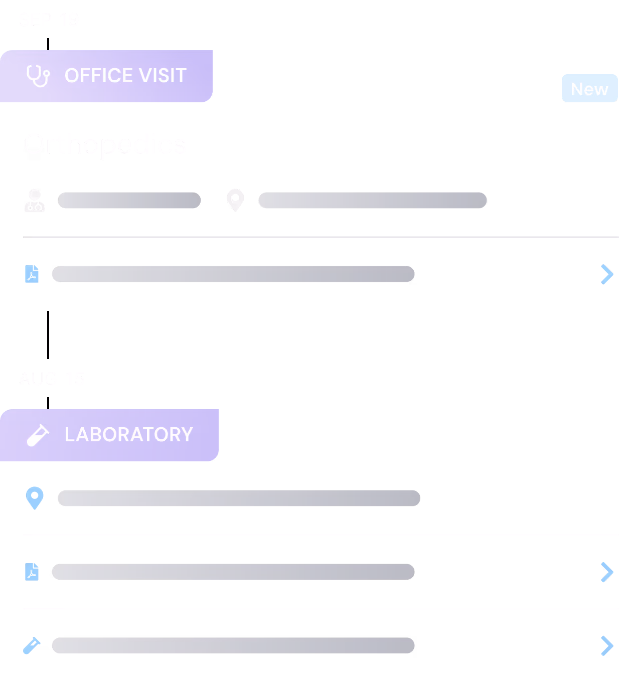 Medical app interface showing sections for Office Visit and Laboratory with icons, appointment dates, and test details.