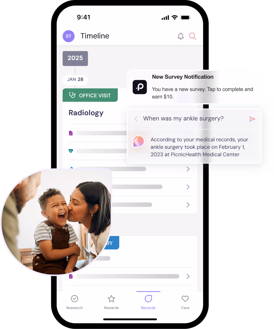 Mobile app screen showing a medical timeline for 2025 with an office visit in radiology, a new survey notification, a chat response about ankle surgery date, and a circular inset photo of a woman kissing a laughing child on the cheek.