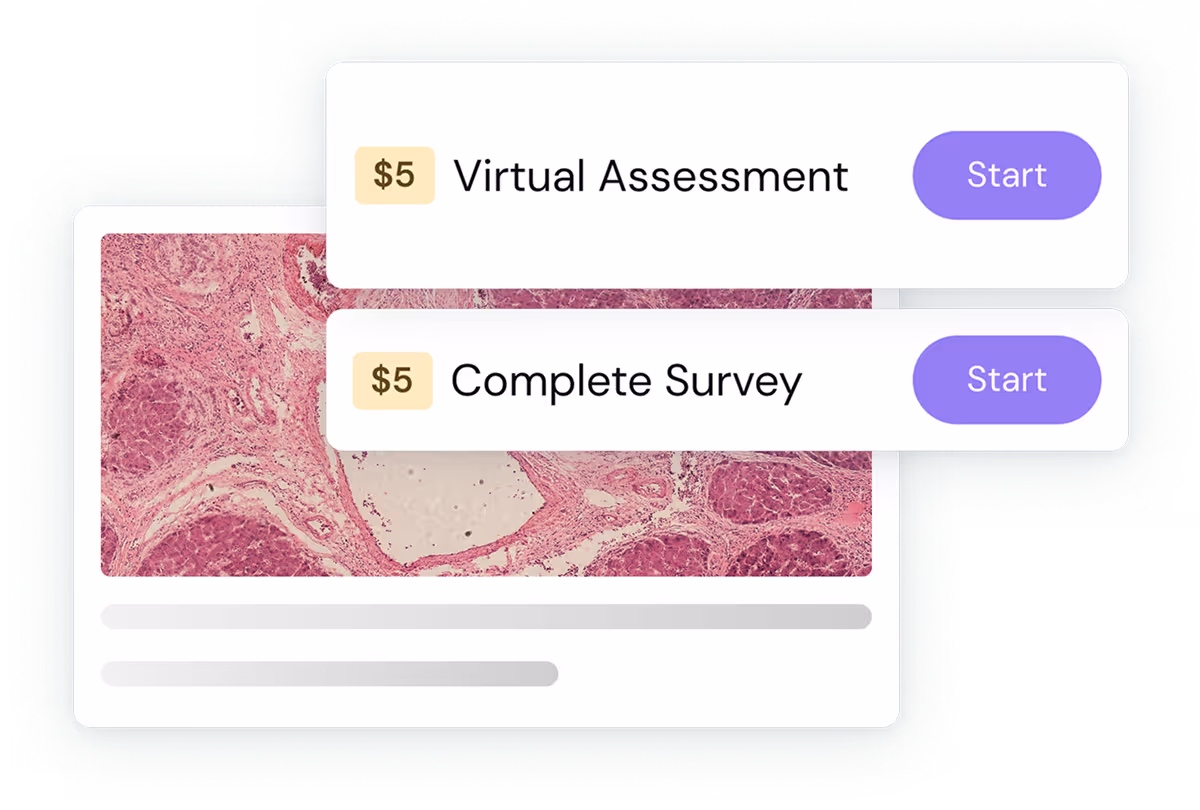 $5 Virtual Assessment and $5 Complete Survey options with purple Start buttons over a pink and beige microscopic tissue image.