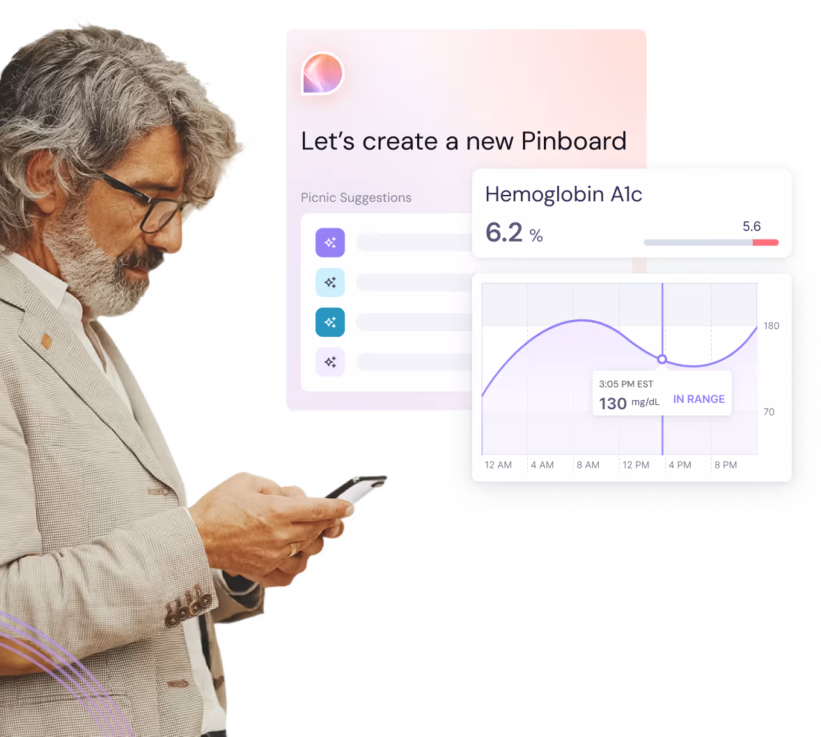 Man with gray hair and beard wearing glasses and a beige blazer, looking at his smartphone with floating interface elements including a hemoglobin A1c reading and glucose level graph.