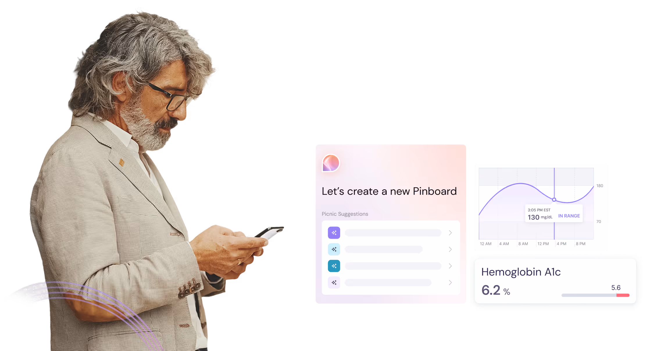 Man with gray hair and beard looking at his phone with health app screens showing glucose level graph and hemoglobin A1c at 6.2%.