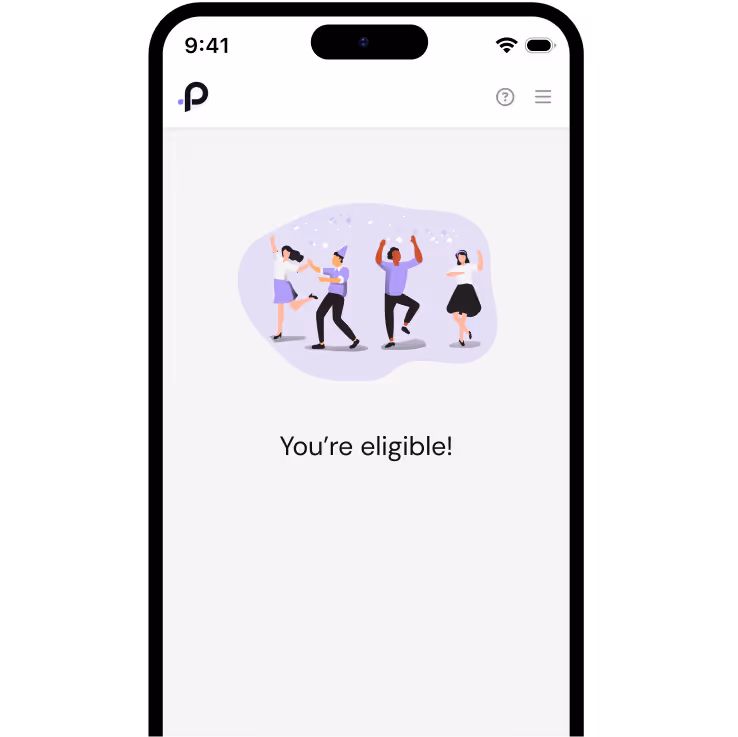 Mobile screen showing an eligibility confirmation with four people dancing above text saying 'You're eligible!'