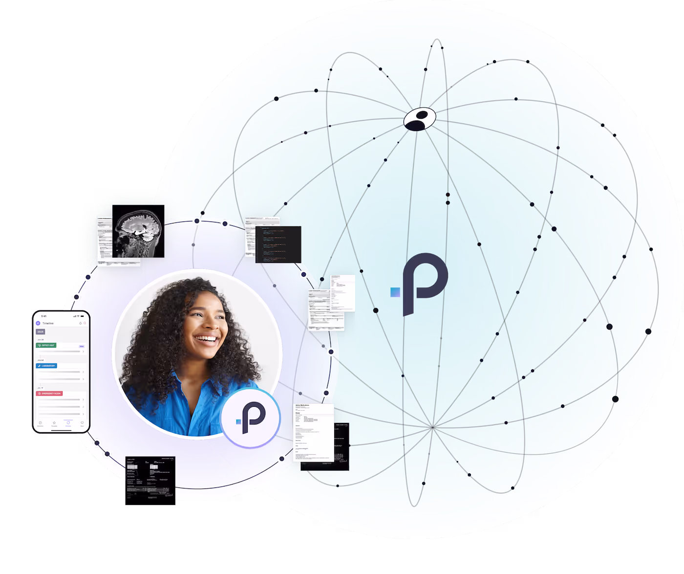 Illustration showing a smiling woman with curly hair inside a purple circle surrounded by scattered floating documents and code snippets, next to a larger blue circle with orbiting lines and dots centered on a stylized letter P.