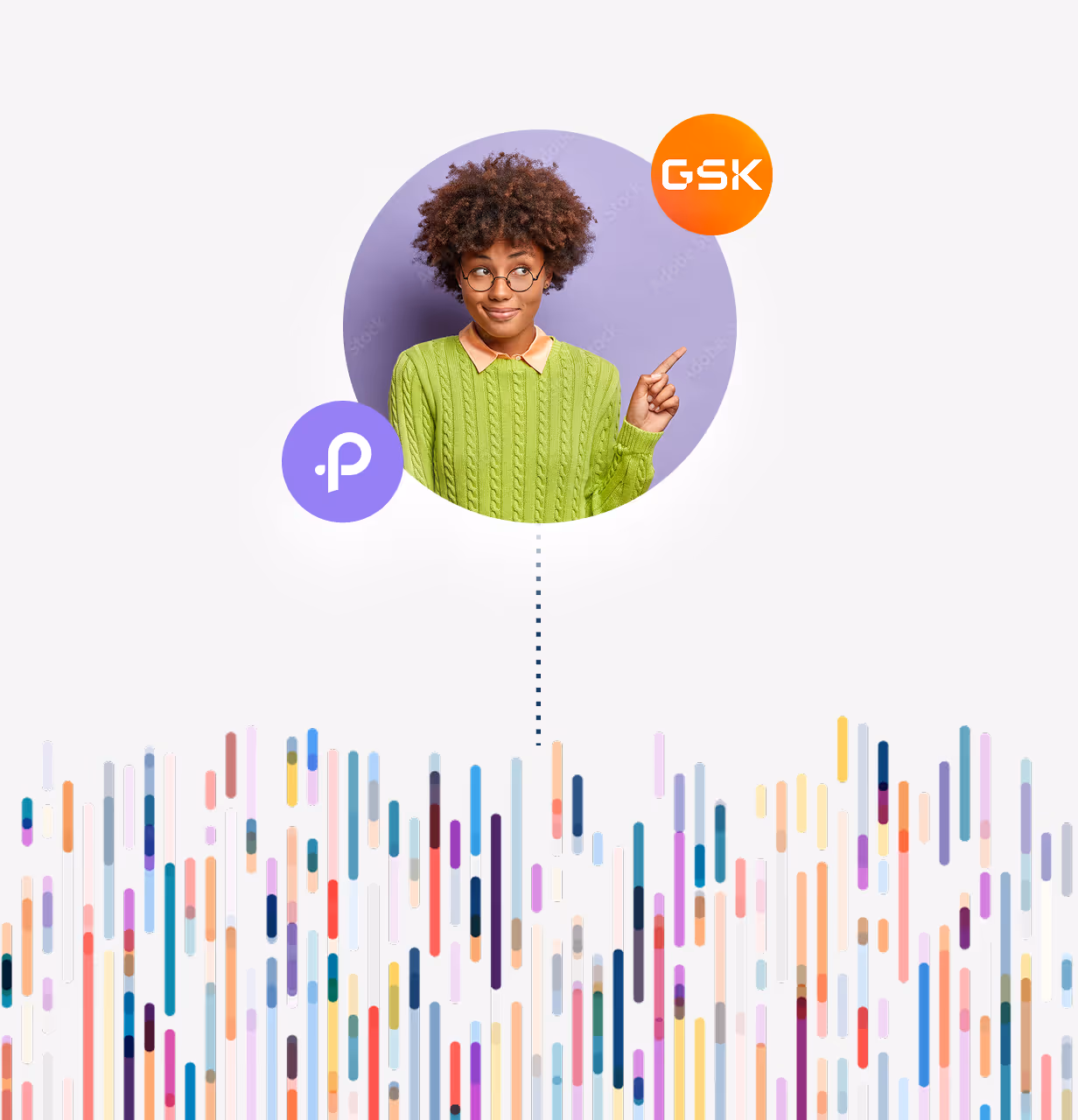 Young woman with curly hair and glasses in green sweater pointing right, surrounded by colorful vertical bars and GSK and purple icons.