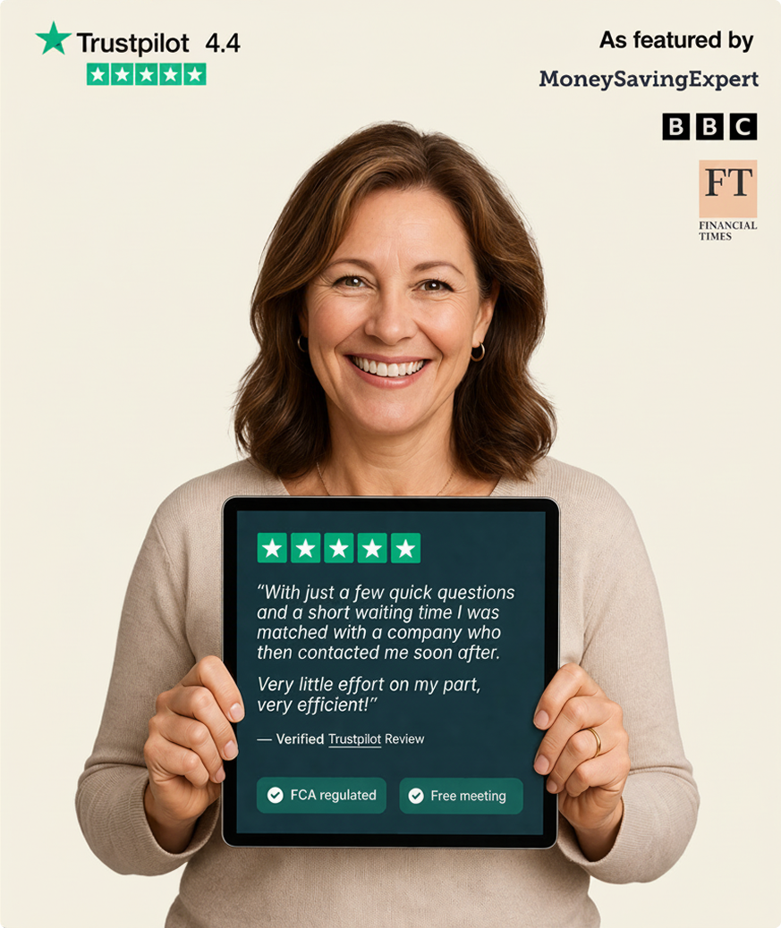 Smiling woman holding tablet with Trustpilot 5-star review about quick and efficient service.