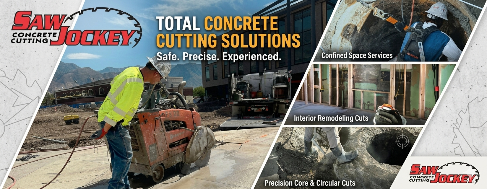 Construction worker operates concrete saw; images show confined space, remodeling, and core cutting services