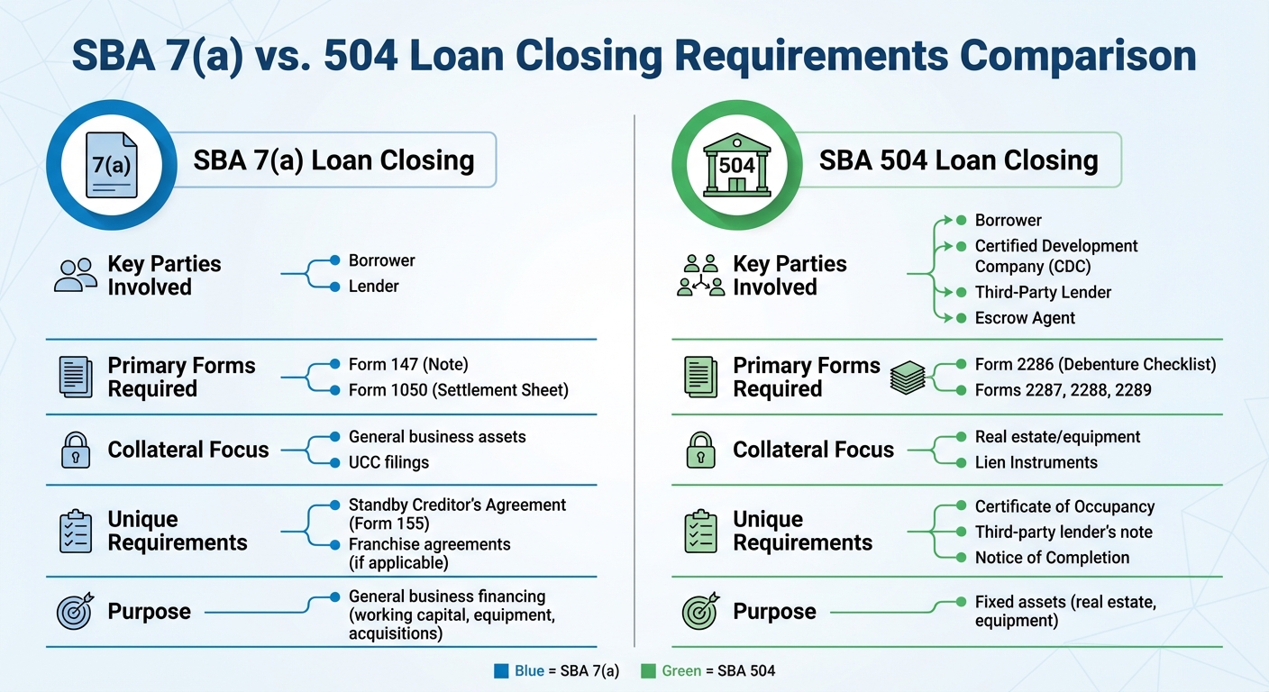 SBA 7(a) vs 504 Loan Closing Requirements Comparison