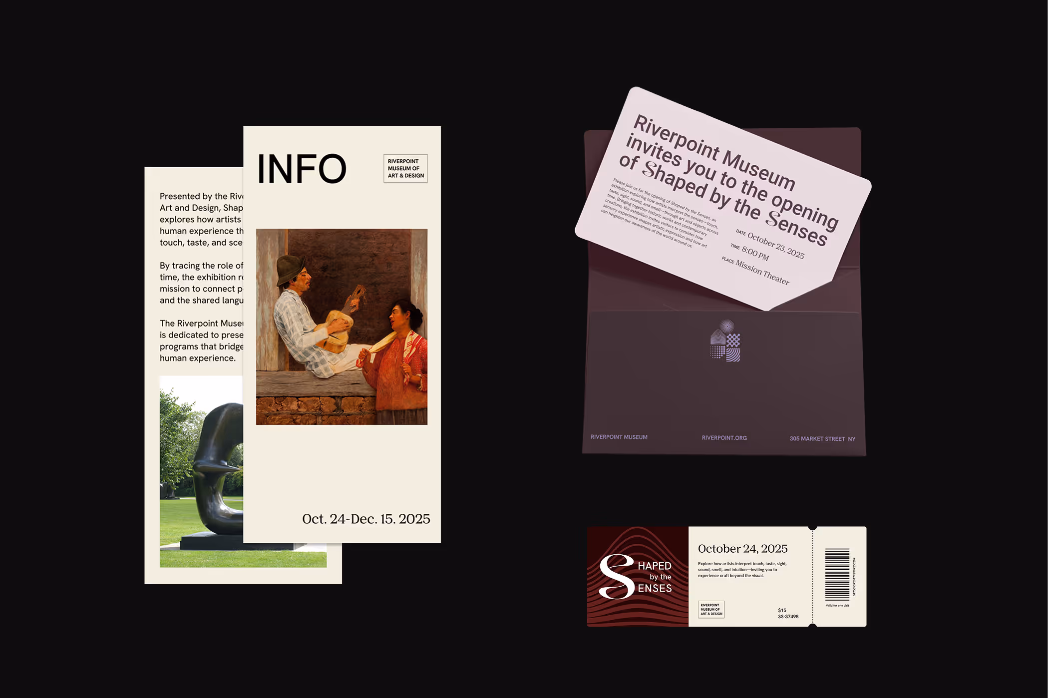 Print materials for Riverpoint Museum's 'Shaped by the Senses' exhibit, including an info card with artwork, an invitation, and a ticket.