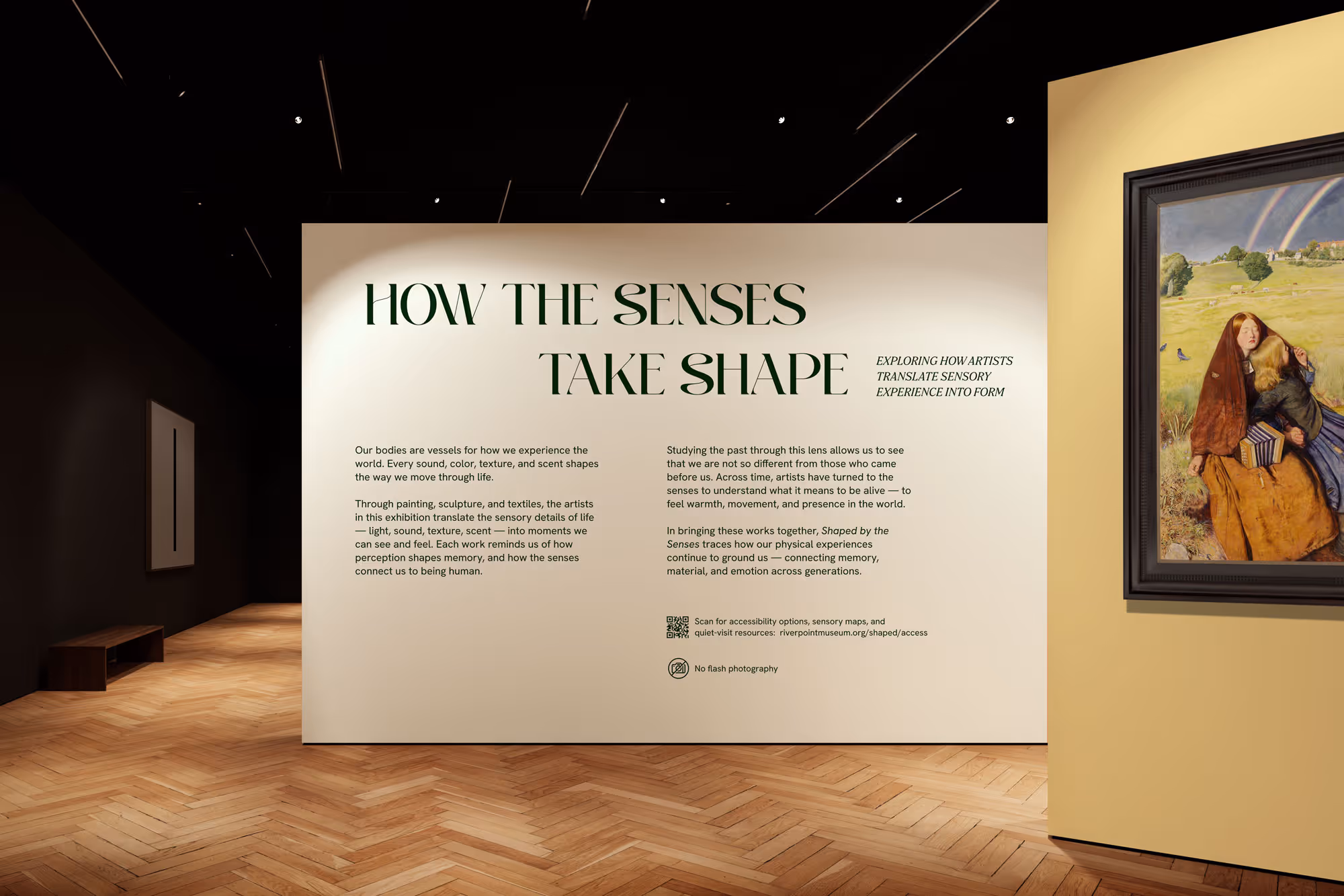 Museum exhibit entrance titled 'How the Senses Take Shape' explaining the connection between sensory experience and art.