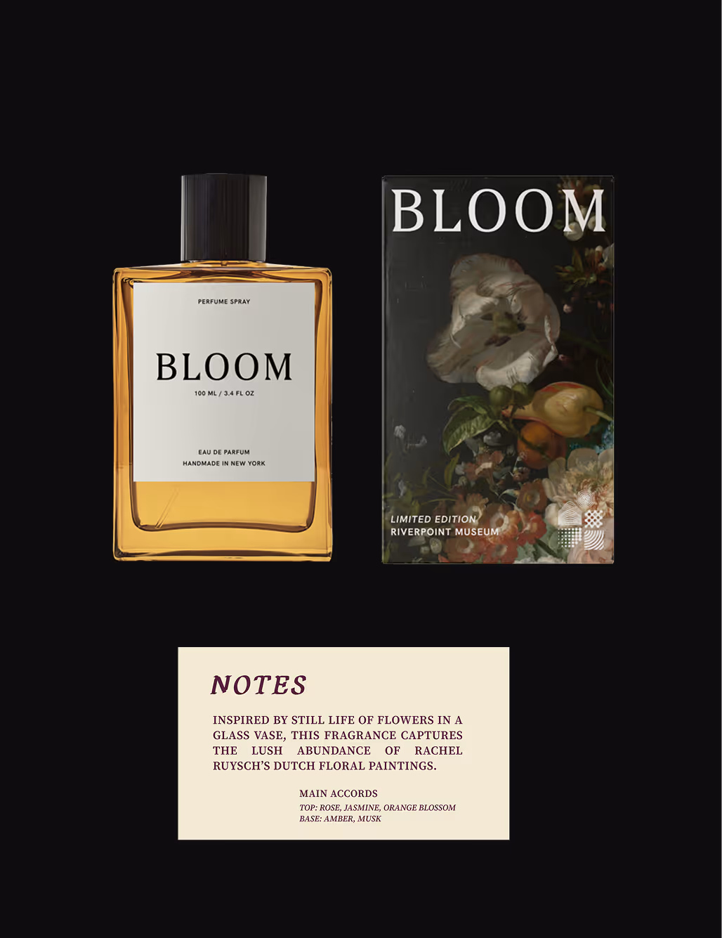 A perfume bottle with flower notes