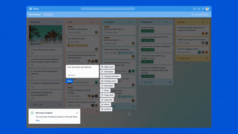 Trello project management board showing multiple task lists. A single task card is highlighted to indicate focus.”