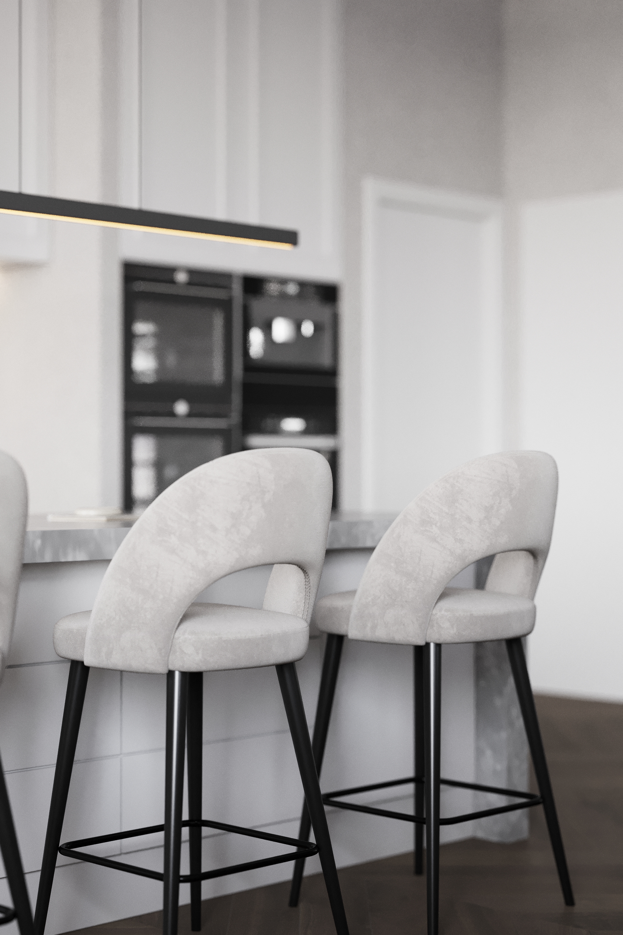 3d Kitchen Render of Island Bench and Barstools