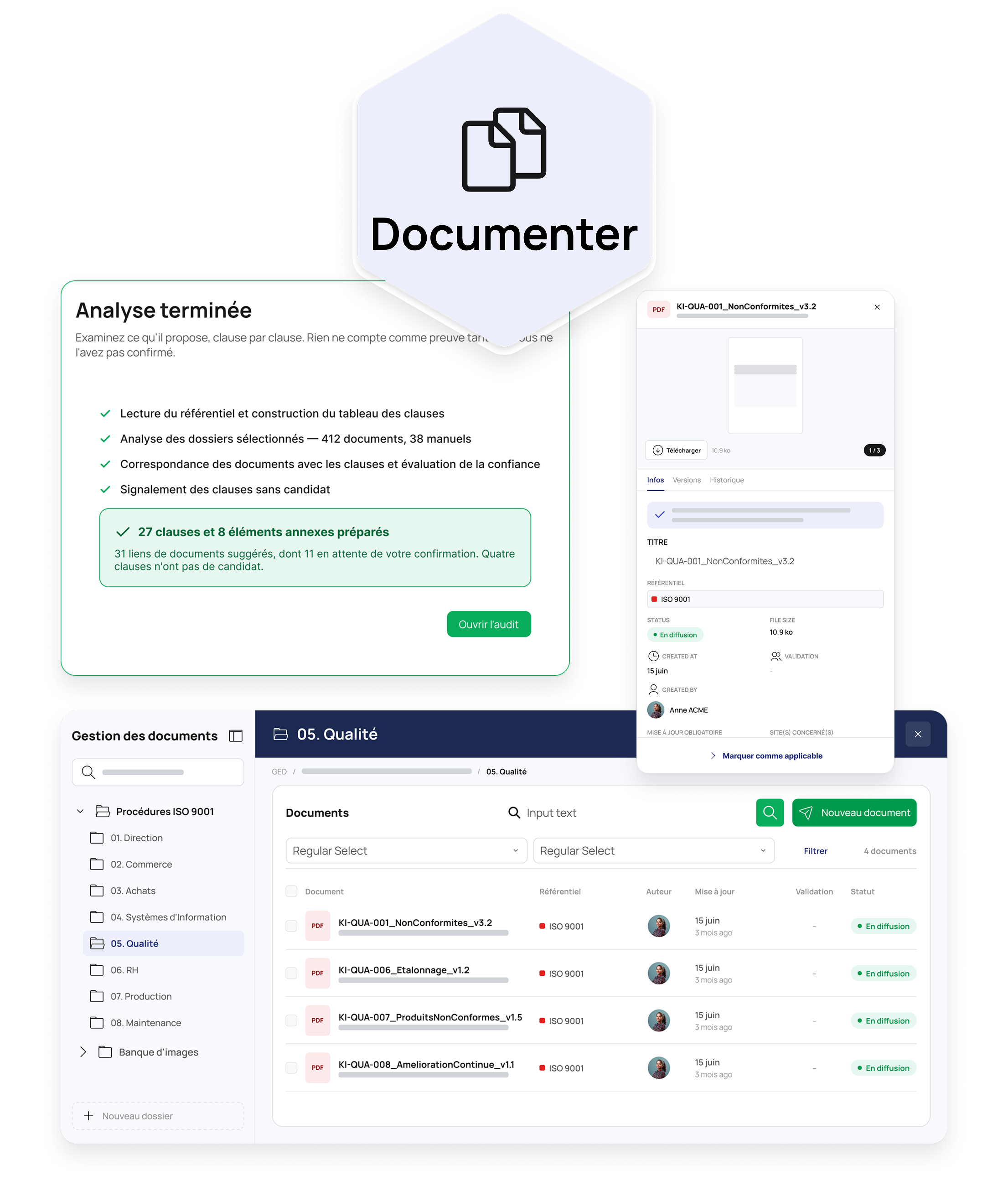 Interface de gestion documentaire axée sur la qualité ISO 9001 avec un tableau listant quatre documents PDF, leurs auteurs, dates de mise à jour et statut 'En diffusion'. Une section affiche l'analyse terminée indiquant 27 clauses et 8 éléments annexes préparés, avec des vérifications de conformité et suggestions. Un encart montre les détails d'un document nommé KI-QUA-001_NonConformites_v3.2, créé par Anne ACME, avec options pour télécharger et marquer comme applicable, illustrant un système de documentation et audit qualité numérique.