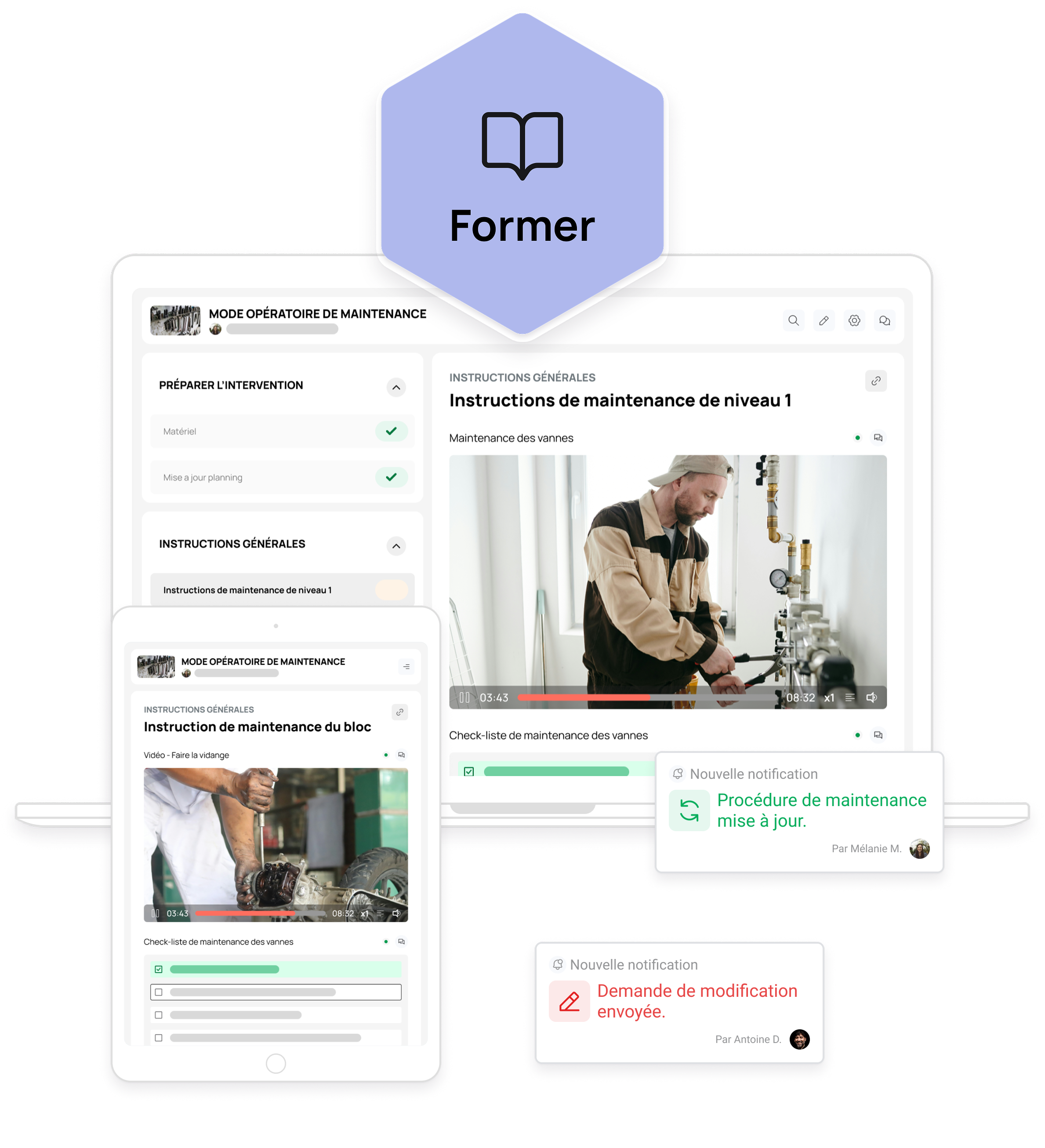 Capture d'écran d'une interface numérique montrant des instructions de maintenance en français avec un homme en tenue de travail manipulant des vannes, incluant des notifications de mise à jour et de demande de modification.