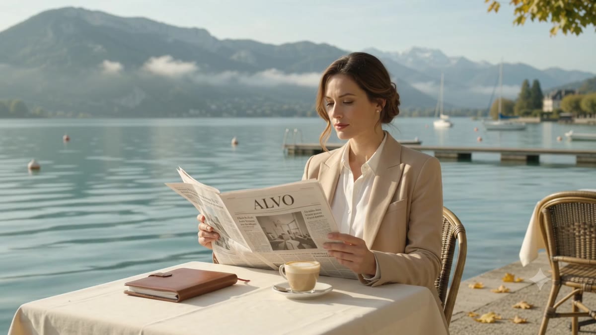 Dirigeante attablée au bord du lac d'Annecy, lisant la presse économique consacrée à la transmission de PME