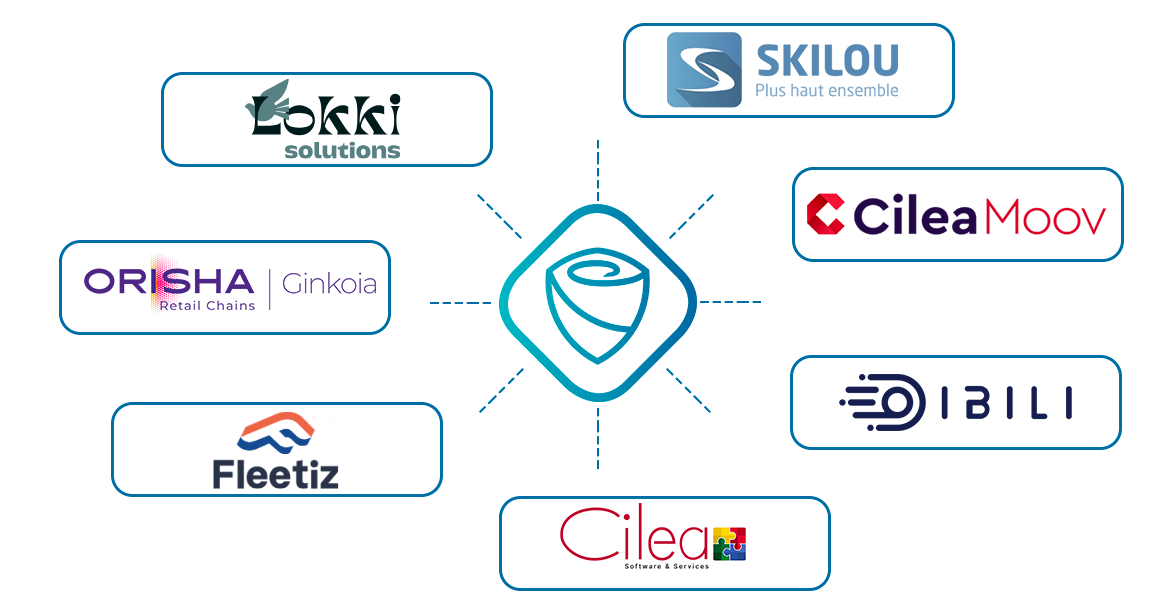 Photo représentant tous les logiciels partenaires de Tulip et sur lesquels l'assurance Tulip est intégrée. On y retrouve Lokki, Cilea, Skilou, Ibili, Fleetiz, Orisha - Ginkoia.
