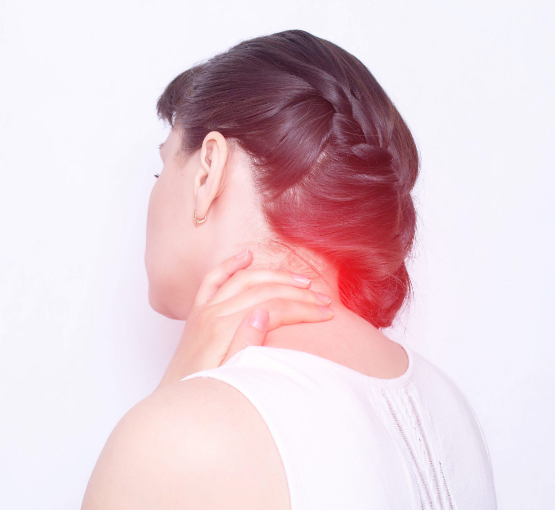 Woman with neck pain, highlighted in red.