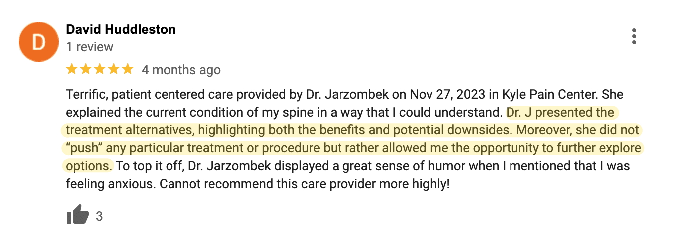patient review of a doctor who presented treatment alternatives