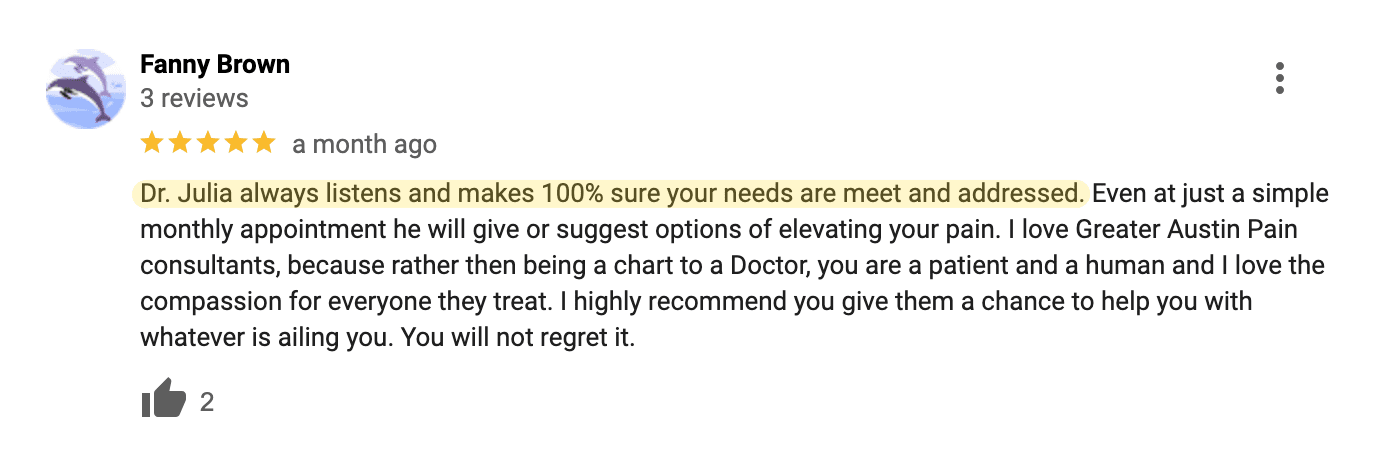 patient review of a doctor who listens and makes sure all her patients needs are addressed